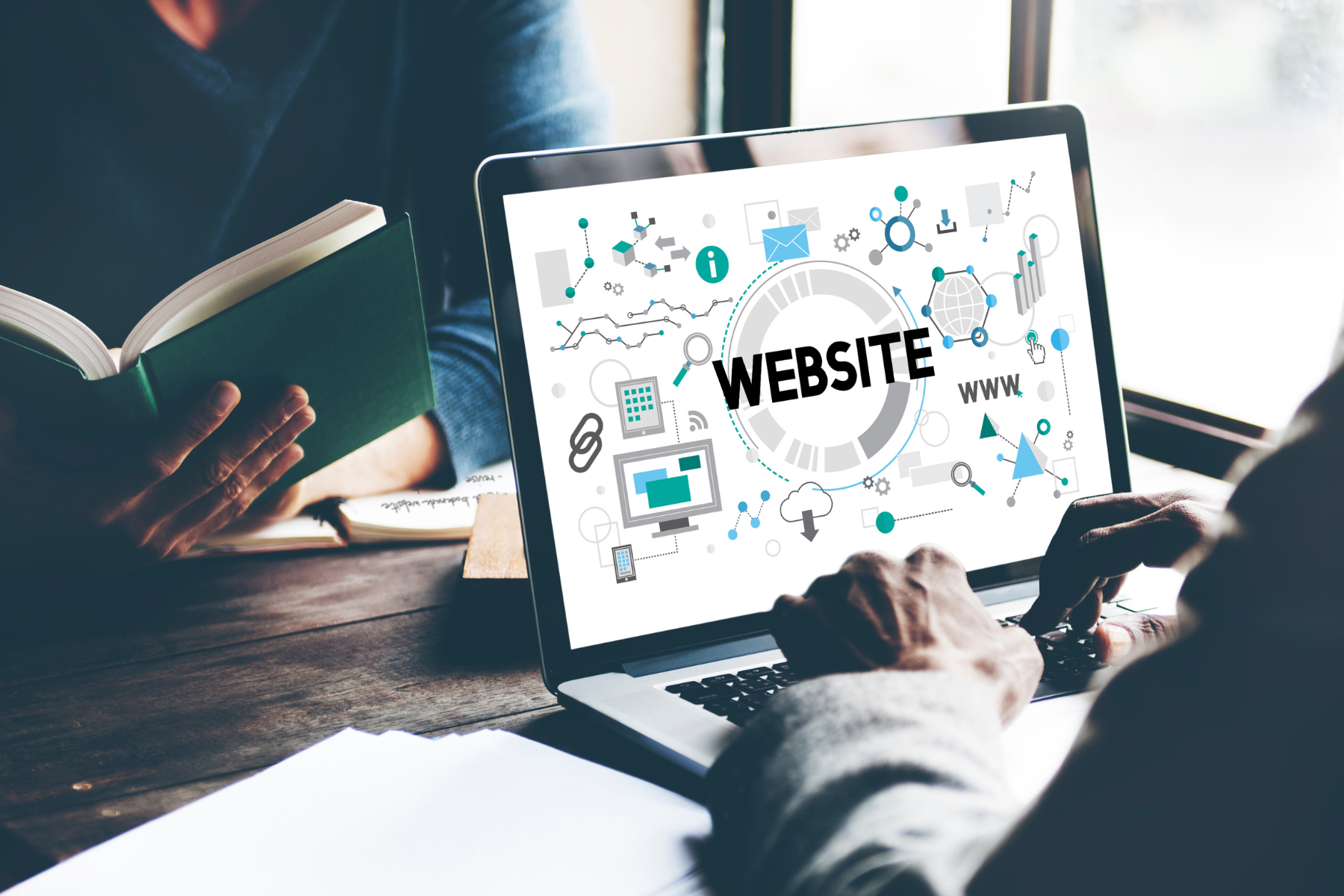 Visual instructions for building a business website, highlighting essential tools and strategies for online presence.
