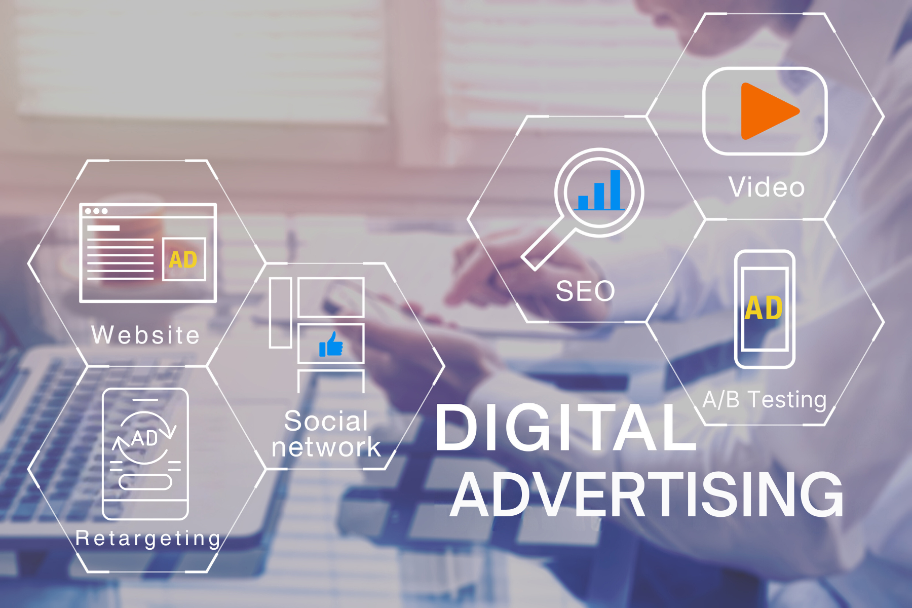 Visual representation of digital advertising, featuring elements like social media, analytics, and online campaigns.