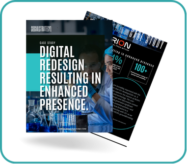 Case study titled “Digital Redesign Resulting in Enhanced Presence” featuring a professional in a science lab environment.