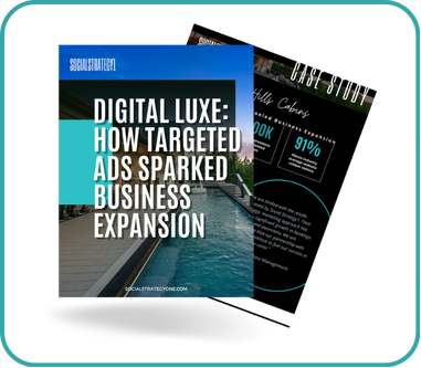 Case study cover titled “Digital Luxe: How Targeted Ads Sparked Business Expansion,” featuring a modern poolside luxury setting.