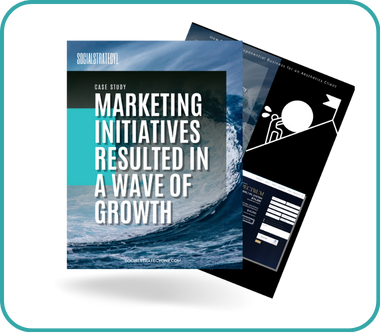 A marketing case study cover titled “Marketing Initiatives Resulted in a Wave of Growth,” with ocean imagery and supporting graphics.